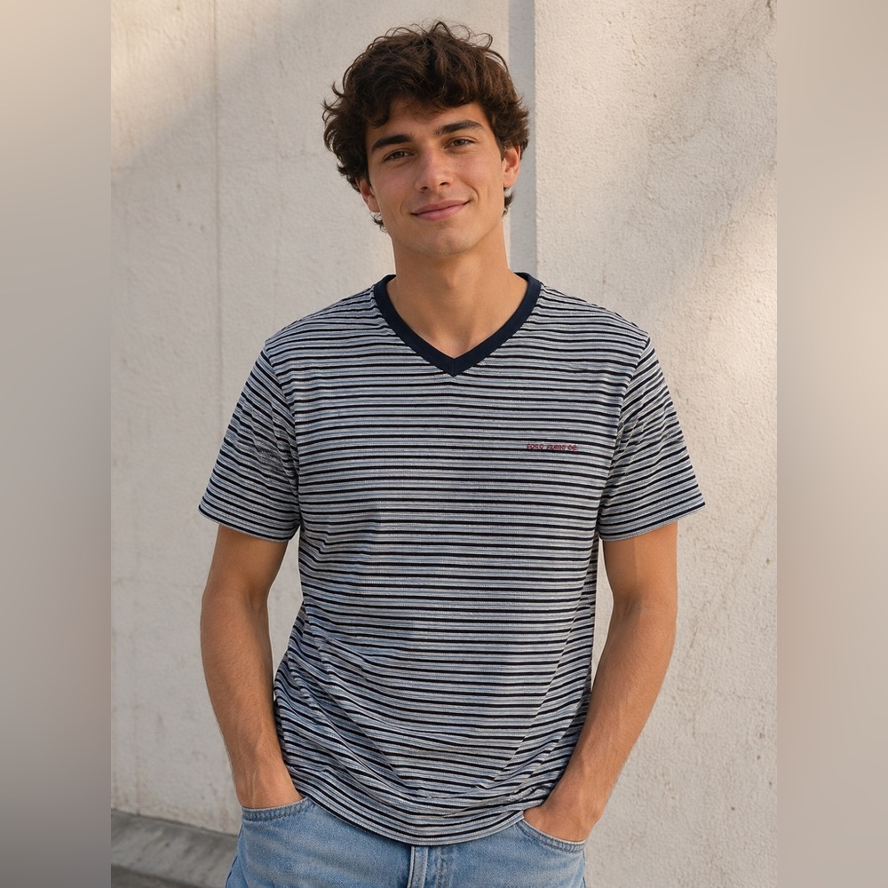 Polo Jeans Co. Ralph Lauren Vintage V-Neck Tee White Navy Stripes 100% Cotton